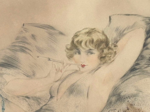 Originele ets van Louis Icart uit de jaren 1920: Liggende vrouwenfiguur