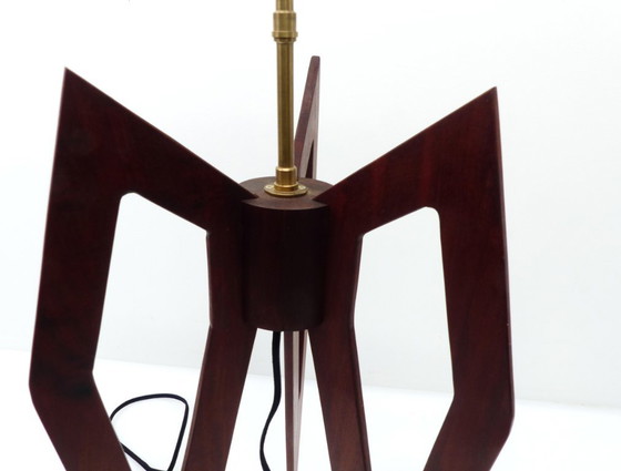Grande Lampada Scultorea a Treppiede in Legno Tinto, Linee a Compasso – Anni 1960-70 – Lampade da tavolo (photo 7 of 10)