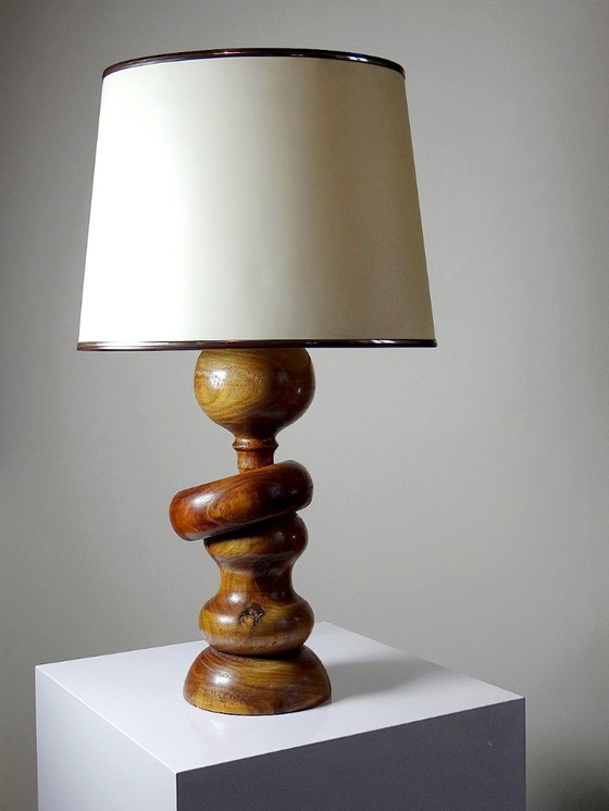 Image 1 of Impressive vintage Scandinavian style lamp, designed in carved turned wood with a ring