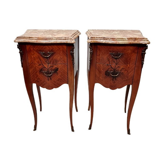 Comodini classici in stile Luigi XV francese, anni '70, Legno, Marmo, Marrone, Klassiek (foto 7 di 8)