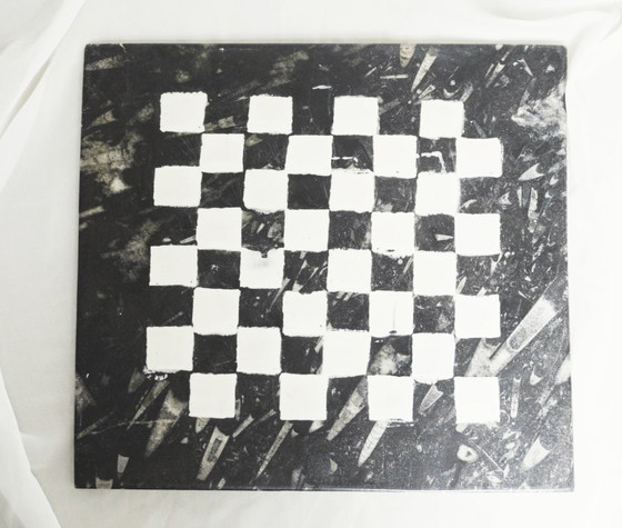 Image 1 of Handpainted Fossil Marble Chess Board, Vintage 1970s Cheese Charcuterie Tray, Black White Checkered Orthoceras Decor Gift
