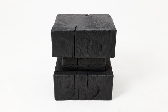 Image 1 of Sculpturale hardhouten bijzettafel, kruk, gebrand hout, handgesneden, Logniture