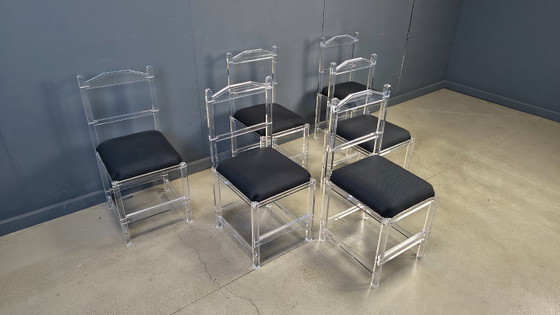 Lucite Or Plexi Dining Chairs, 1970s - Set Of 6 – Plexiglass, Textile (photo 9 of 12)
