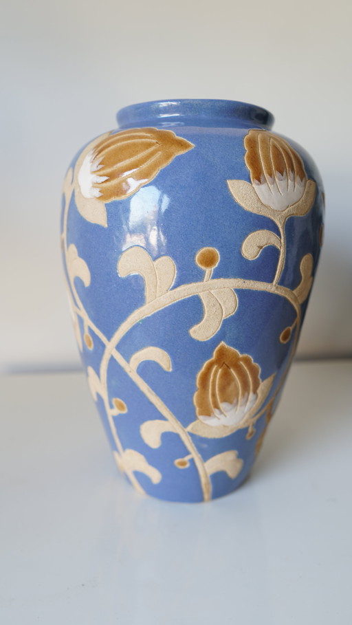 Vaas In Geglazuurd Steengoed - Bloemendecoratie In Reliëf - Keramis Stijl - Jaren 70/80