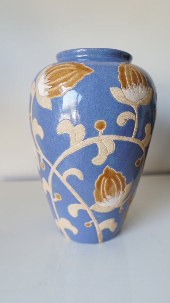 Image 1 of Vase En Grès Vernissé - Décor Floral En Relief - Style Keramis - Années 70/80