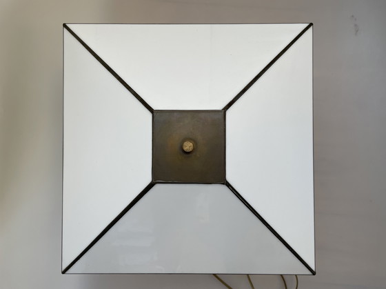 Image 1 of Vintage Art-deco Frank Lloyd Wright style opal stained glass lamp - glas-in-lood met messing