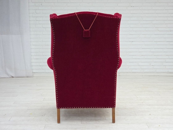 Image 1 of 1960s, Danish highback wingback armchair, cherry-red furniture velour.