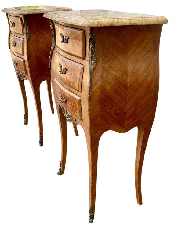 Image 1 of Pair of marquetry bedside tables - veined marble tops - Louis XV style