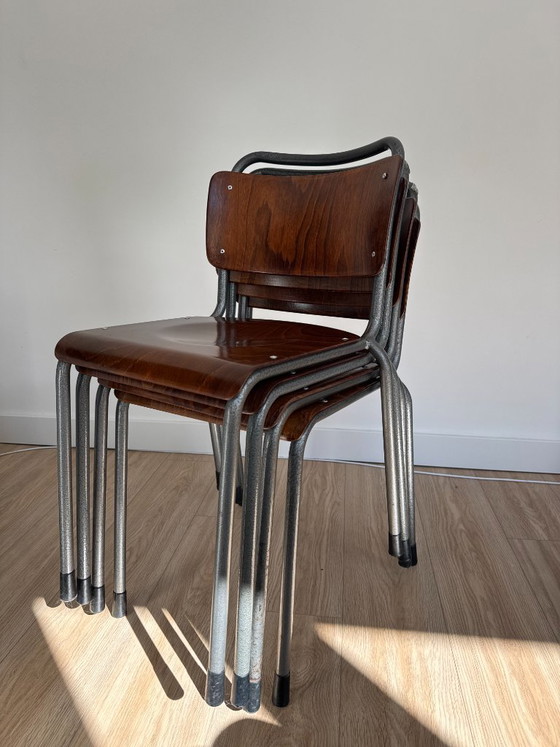 Vintage Industrial Plywood TH-Delft W.H. Gispen Chairs (Set of 4) – Dining chairs, polished steel (photo 3 of 11)