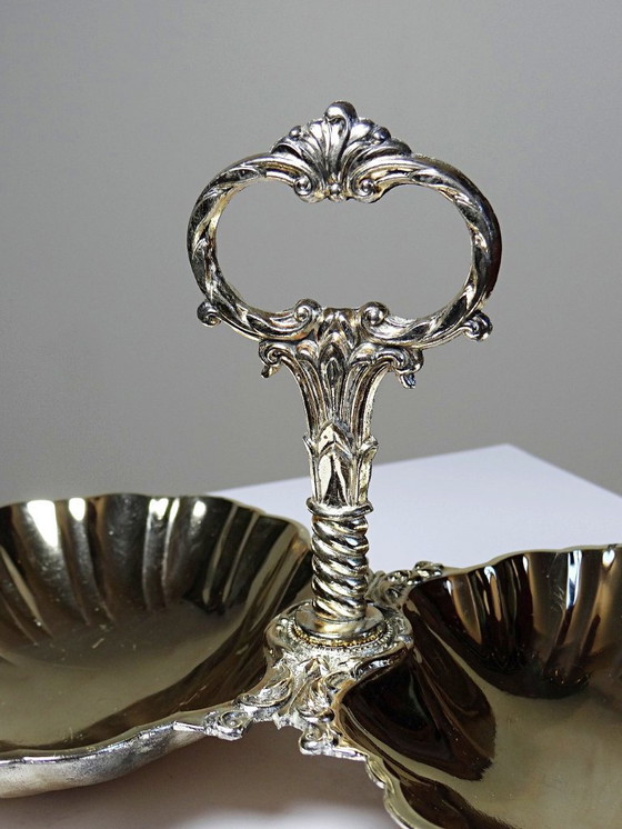 Image 1 of Antique double serving set in light gold-tone metal, vintage shell cup design, 1950s-1970s