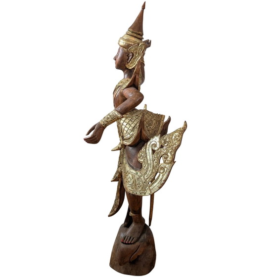 Grande Kinnara birmane sculptée à la main – Bois dur doré et incrustations de verre – 112 cm – Sculptures (photo 7 of 10)