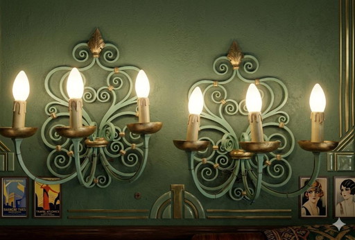 Par de apliques de pared antiguos de hierro forjado, obra de Gilbert Poillerat, estilo barroco, 1940.