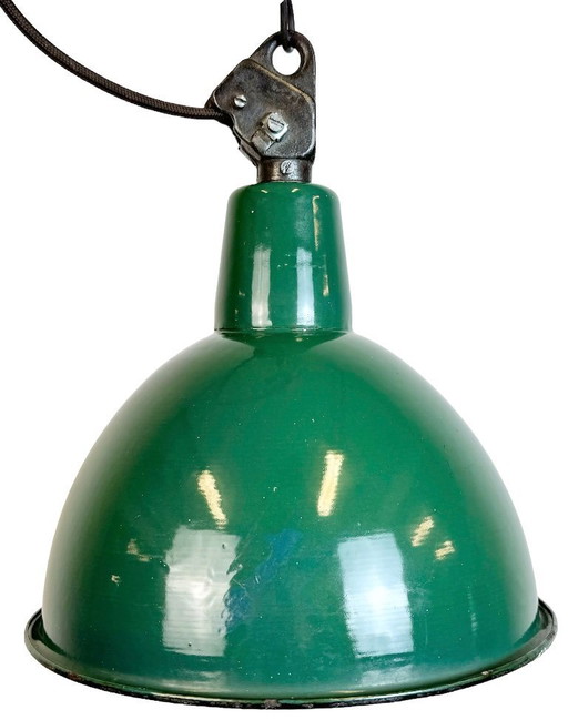 Industrial Green Enamel Factory Lamp with Cast Iron Top, 1960s
