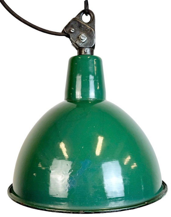 Image 1 of Industrial Green Enamel Factory Lamp with Cast Iron Top, 1960s