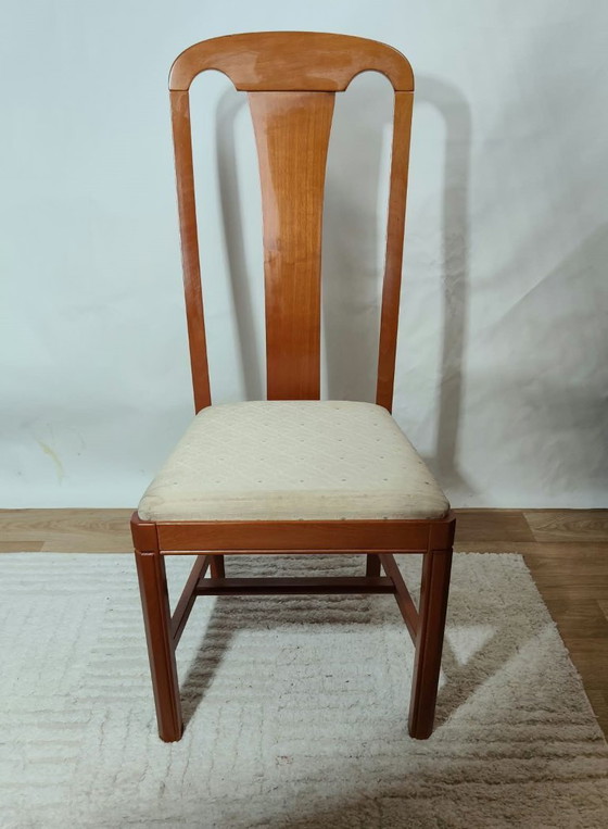 Set of 4 vintage chairs in stained wood and ecru fabric, Dining chairs, Textile, Brown (photo 3 of 6)