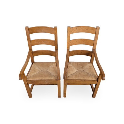 Set di 2 poltrone in rovere, stile country francese, con intreccio in giunco.