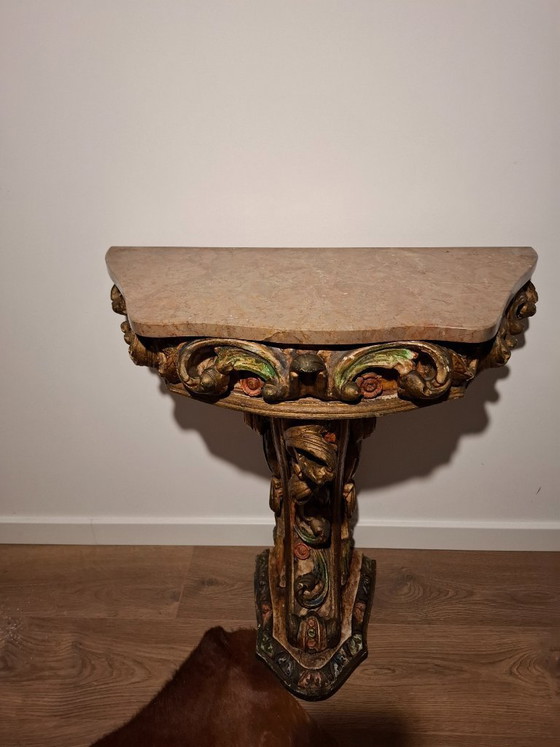 Image 1 of Antique Portuguese Gilded Console Table with Marble Top - 19th Century Carved Wood - Hand-Painted Polychrome Details - BGS Studi