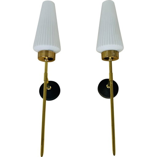 Pair of vintage brass and opaline wall lamps, 1950s