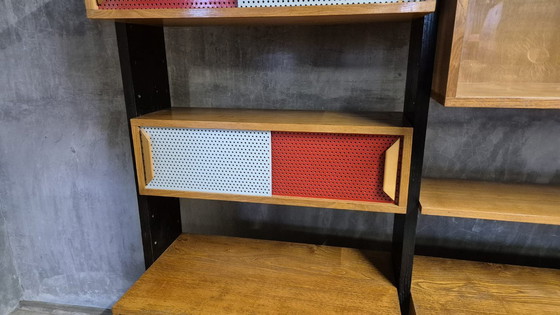 Image 1 of Vintage Czechoslovak Modular Wall Unit with Veneer Cabinets and Black Wooden Supports, 1960s–1970s