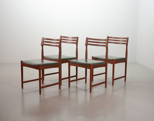 Bovenkamp Vintage Design Teak Wooden Dining Chairs with Racing Green Leather Seatings by Severin Hansen. Set of 4. Denmark, 1960