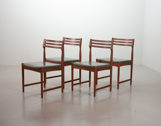 Image 1 of Bovenkamp Vintage Design Teak Wooden Dining Chairs with Racing Green Leather Seatings by Severin Hansen. Set of 4. Denmark, 1960