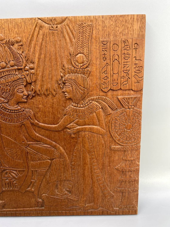 Carved wooden panel, Egyptian scene, pharaoh and queen, hieroglyphs – Decorative Objects (photo 3 of 5)