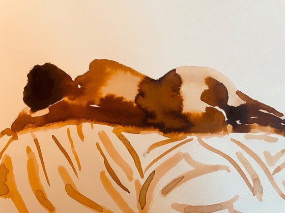 Image 1 of Aquarelle monochrome couleur tabac portrait féminin « sieste au Kenya »