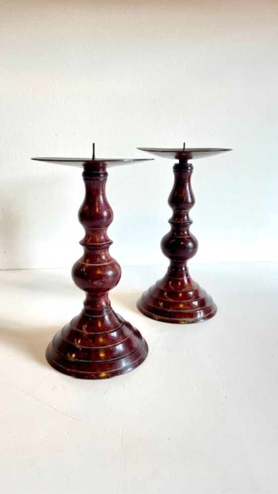 Image 1 of Vintage Patinated Metal Candlesticks