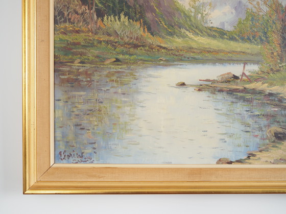 Image 1 of Peinture "Le chalet au bord d'un ruisseau", design scandinave, années 1970