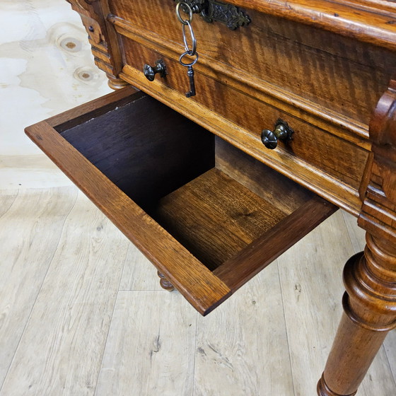 Image 1 of Mesa de costura Biedermeier antigua / mesa auxiliar de chapa de madera de raíz / mesa de almacenamiento