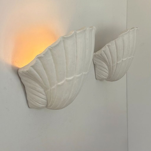 Paire d'appliques vintage coquillage, plâtre blanc mat, France, 1970