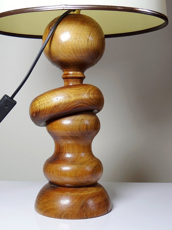 Image 1 of Impressive vintage Scandinavian style lamp, designed in carved turned wood with a ring