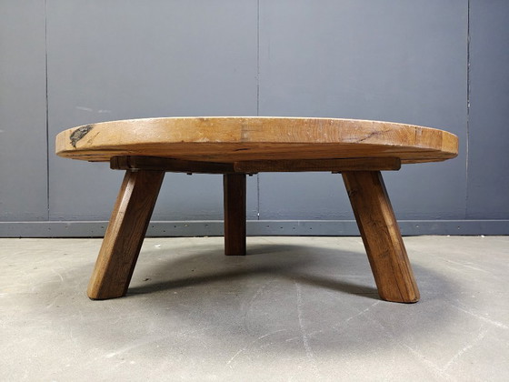 Image 1 of Großer, runder Couchtisch aus Holz im Stil des Brutalismus mit drei Gestellen, 1960er Jahre