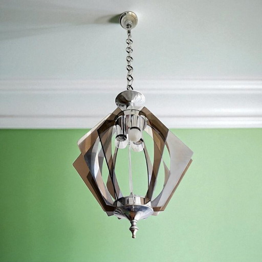 Mid Century Moderne gerookt plexiglas verchroomde hanglamp kroonluchter voor 3 lampen