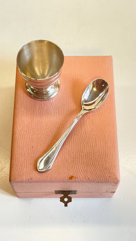 Image 1 of Vintage Silver-Plated Metal Egg Cup and Spoon for Birth