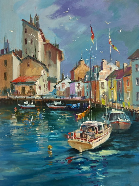 Image 1 of Originales Ölgemälde: Sommerliche Stadtlandschaft – Yachten auf den Wasserstraßen von Venedig