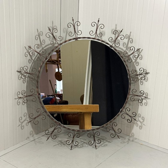 Image 1 of Very large round wrought iron wall mirror 1960's