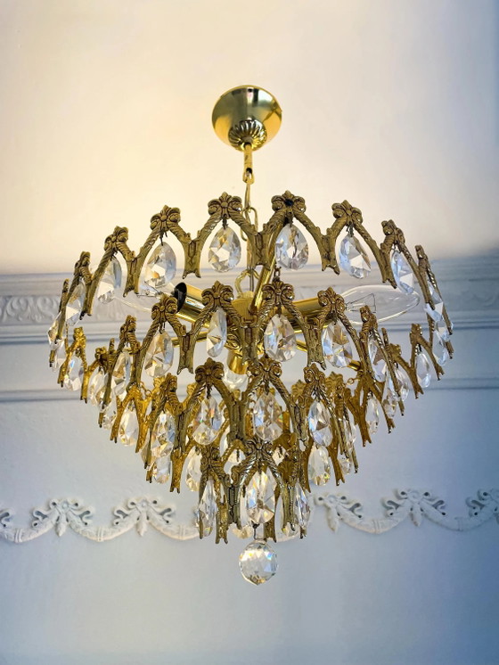 Lampadario Vintage Spagnolo in Ottone e Cristallo, Grandi Gocce, 3 Luci, Anni '70 – Glass, Brass (photo 7 of 9)