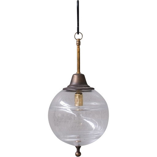 Lampada a sospensione vintage in vetro trasparente e ottone, Paesi Bassi 1950