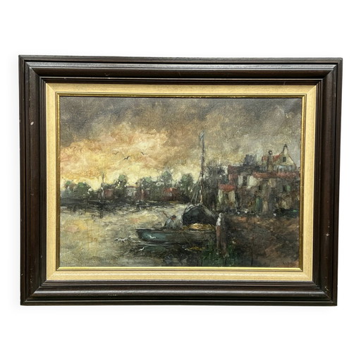 Theo van de Poel. "Avondlandschap" in de stijl van het impressionisme. – schilderijen tekeningen, Canvas, Vintage