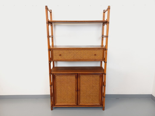 Large Vintage Rattan, Wood and Cane Bookcase from the 70s