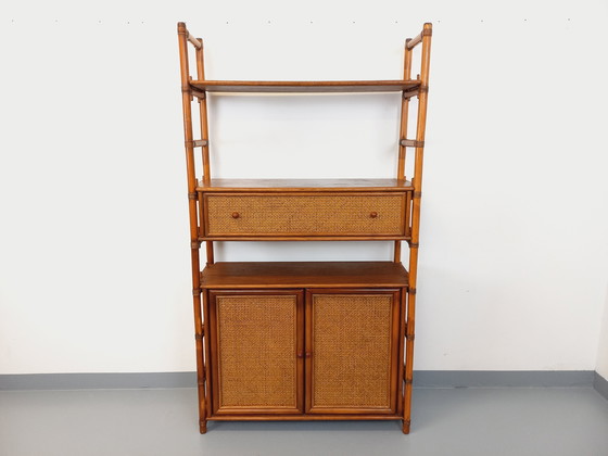 Image 1 of Large Vintage Rattan, Wood and Cane Bookcase from the 70s