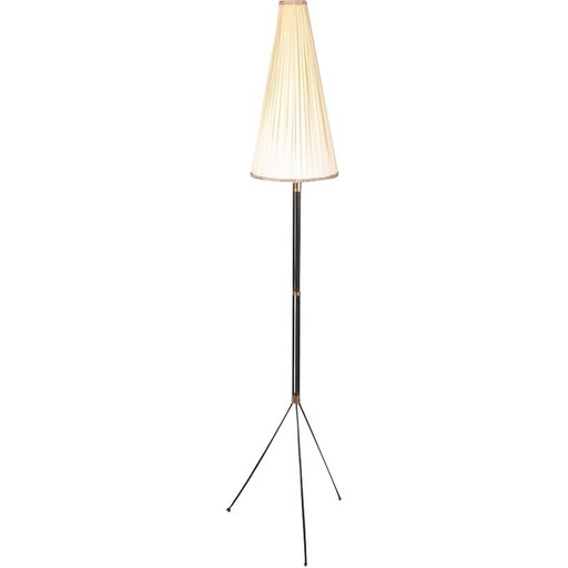 Vintage metalen, messing en geplooide stoffen vloerlamp op driepoot, Denemarken 1950