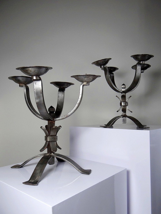 Image 1 of Pair of Massive Brutalist Wrought Iron 4-Light Vintage Candlesticks