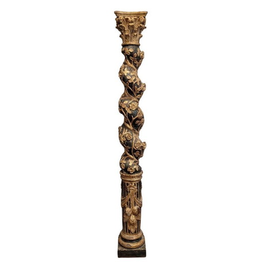 Sculpture, carving "Solomonic Column", carved, gilded and polychromed wood, 18th century – Spain