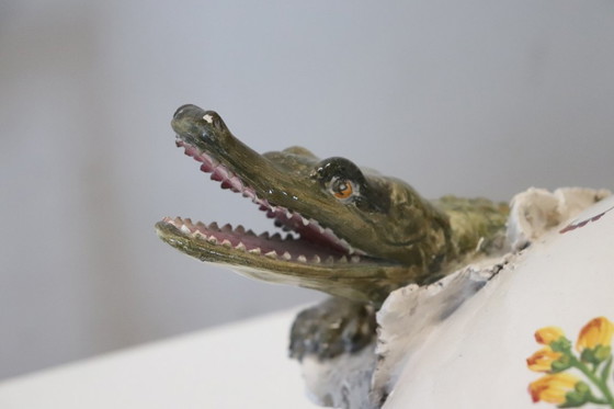 Image 1 of Majestic Ceramic Vase with Eagle and Crocodile, Italy Early 20th Century