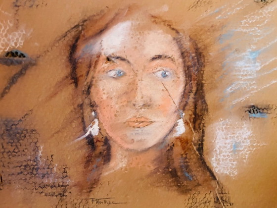 Image 1 of A female portrait painting created on old, worn, honeycomb-patterned cardboard packaging.