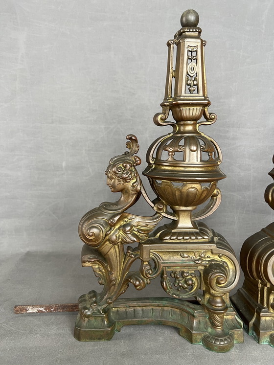 Image 1 of Paar Andirons aus dem 19. Jahrhundert, Frankreich um 1860 Bronze