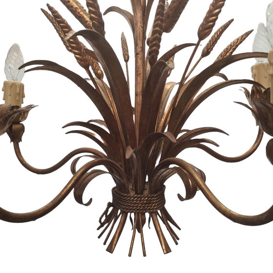 Image 1 of Lampadario vintage placcato oro con spighe di grano e tifa, anni '60