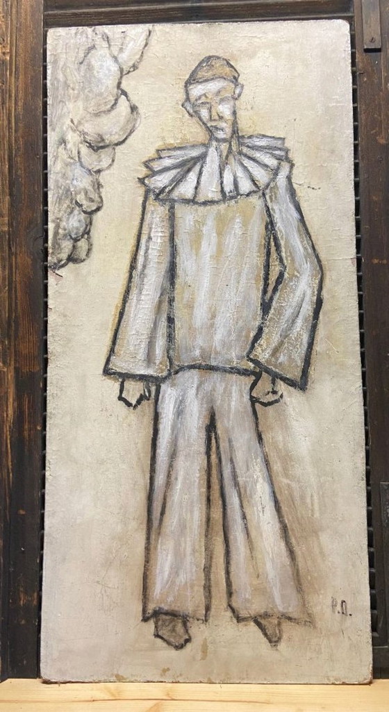 Image 1 of Antique Painting on Wooden Panel, Clown in the Style of Bernard Buffet, Double-Sided